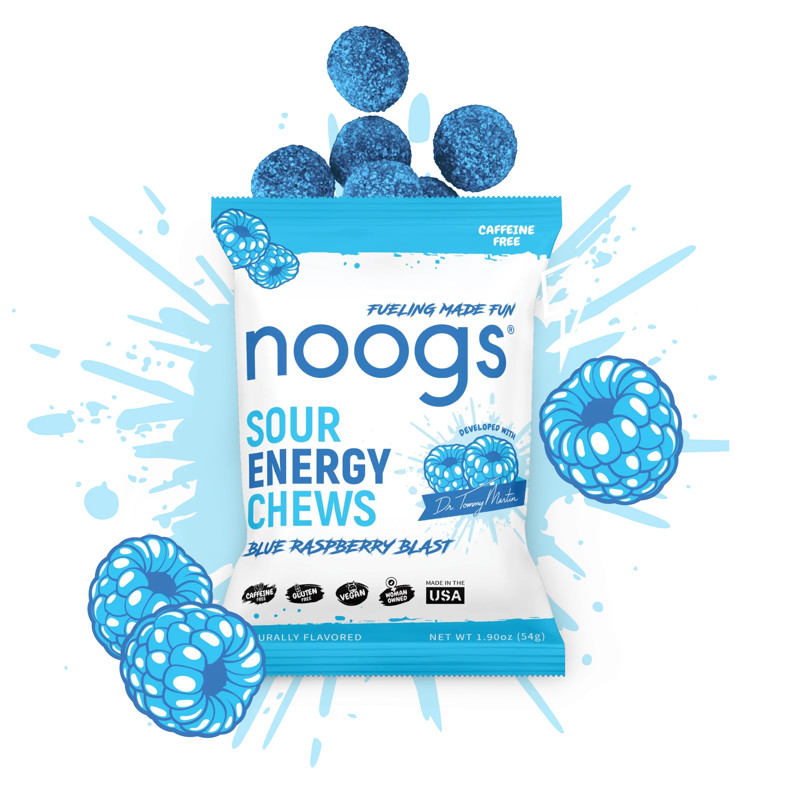 Noogs Blue Raspberry energibiter og produktpose